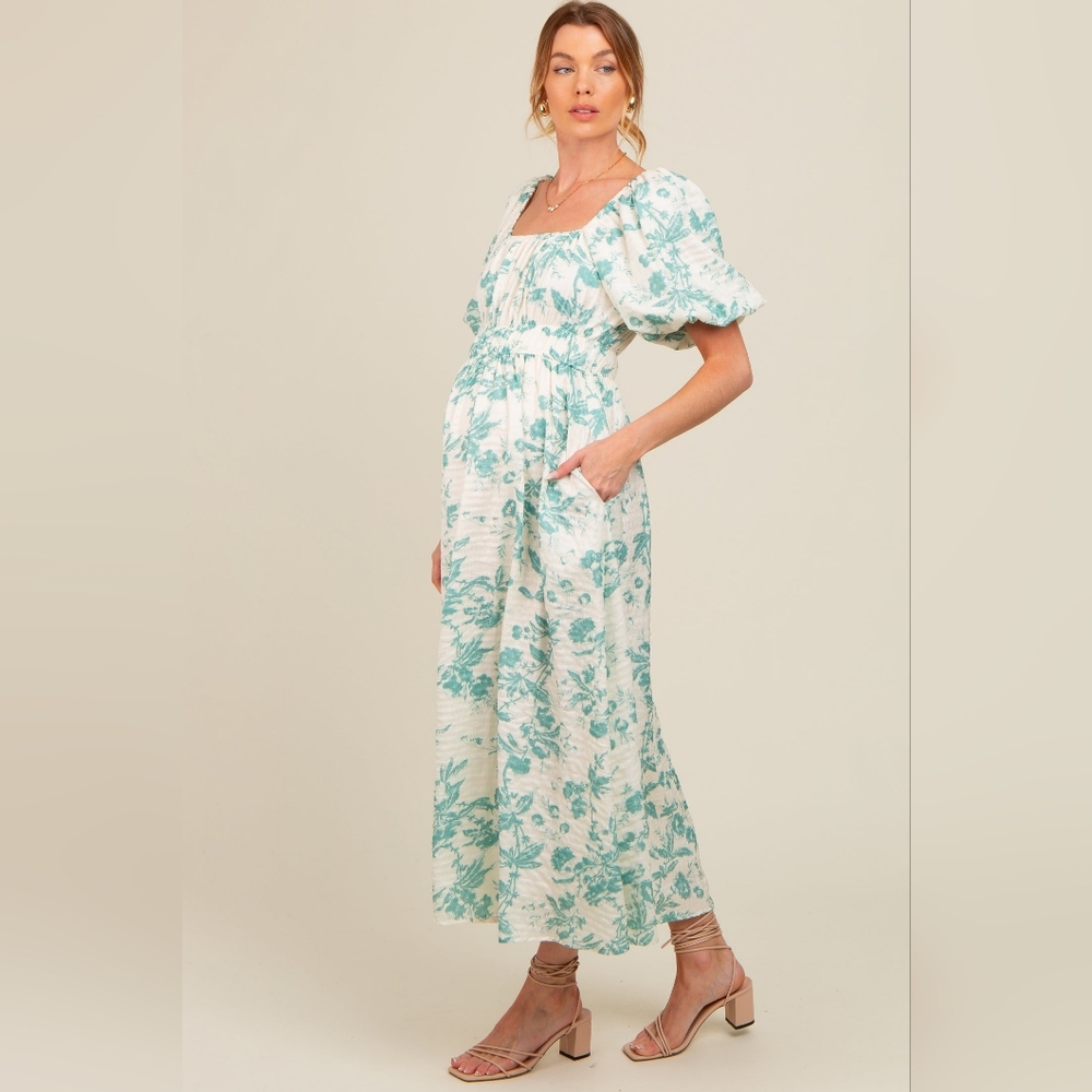 NWOT Teal Floral Puff Sleeve Maternity Midi Dress L